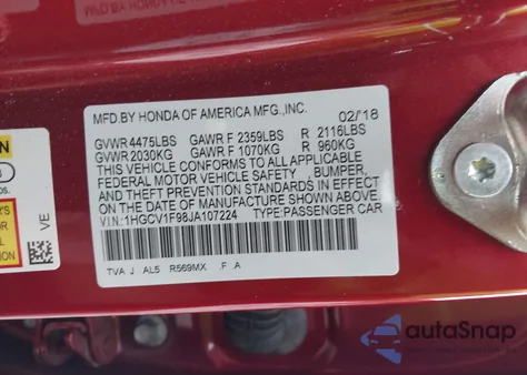 2018 Honda Accord Touring z USA, uszkodzony, nr VIN 1HGCV1F98JA107224